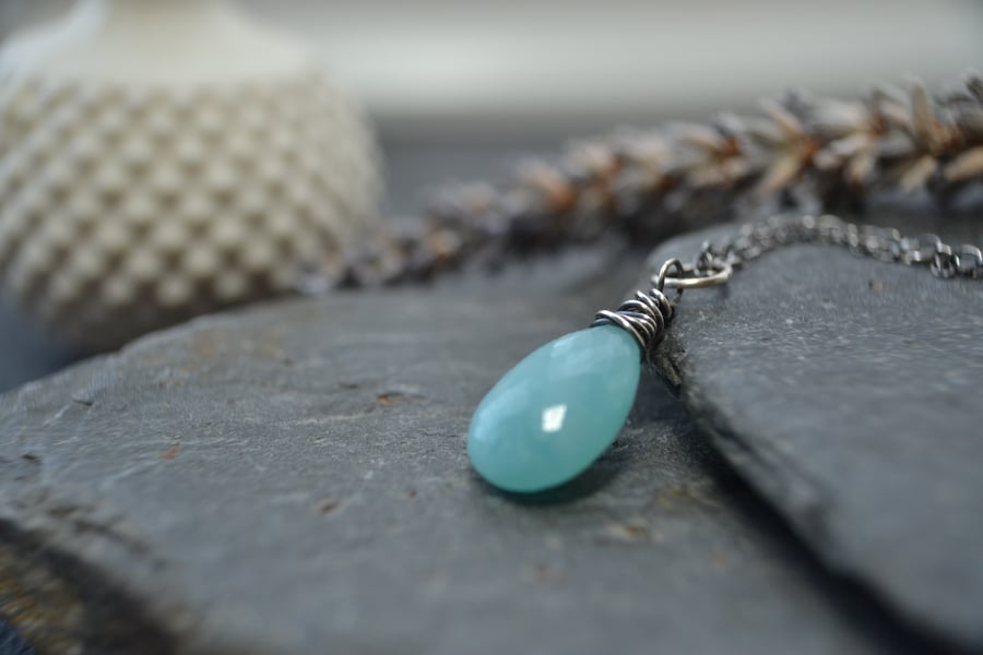 Gorgeous blue green amazonite and sterling silver pendant