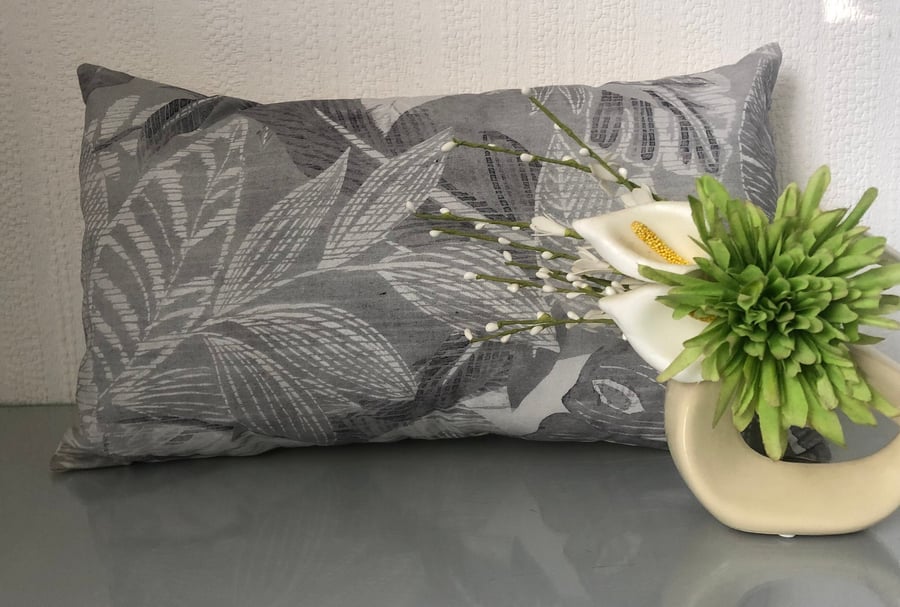 Tropical Lumber Cushion Cover Grey Monstera Leaf Cotton 20 x 12"