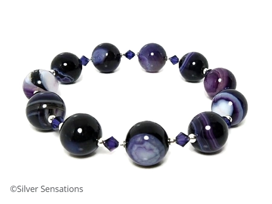 Purple Stripey Banded Agate Bracelet With Swarovski Crystals & Sterling Silver