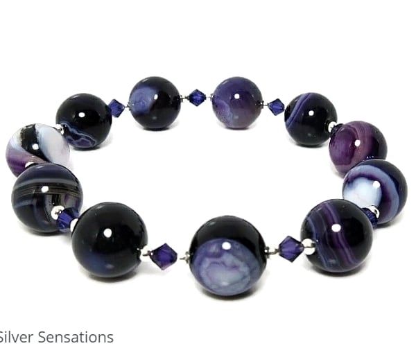 Purple Stripey Banded Agate Bracelet With Swarovski Crystals & Sterling Silver