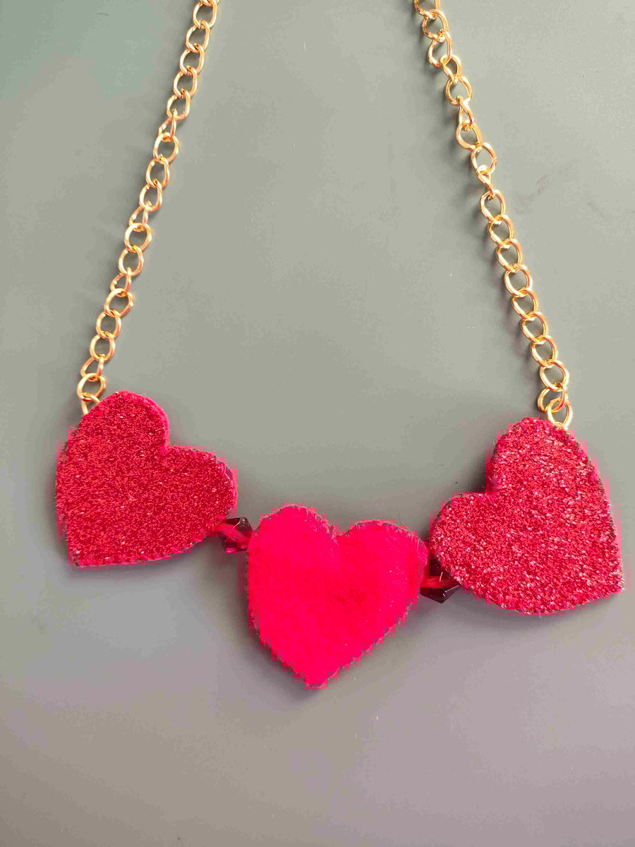 Handmade felt red heart necklace 