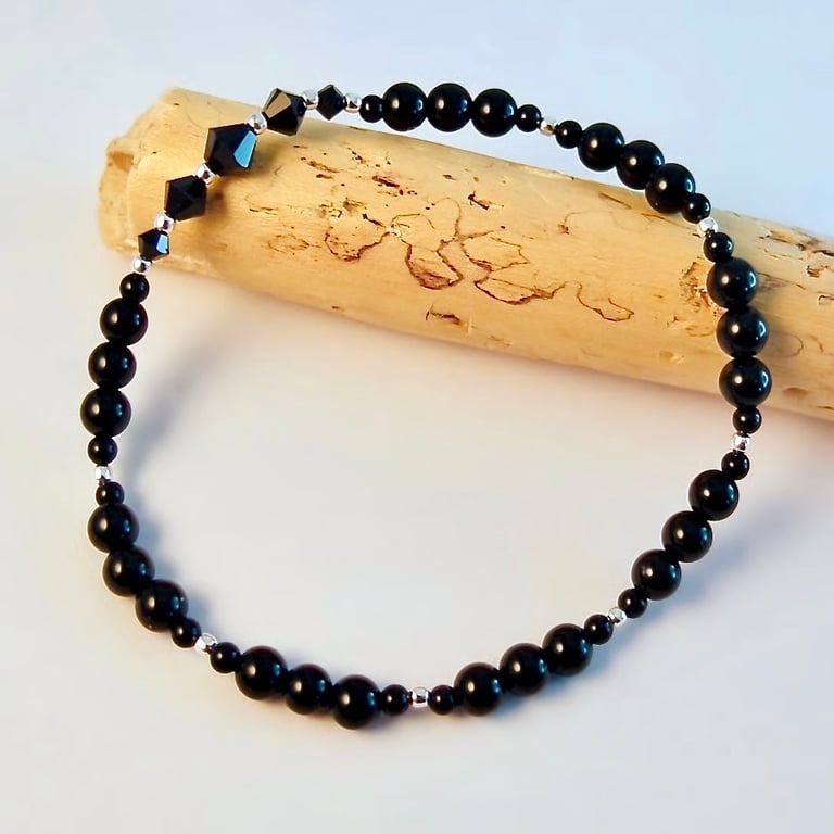 Black Onyx, Crystal & Silver Bracelet, Birthday, Anniversary, Gifts For Her