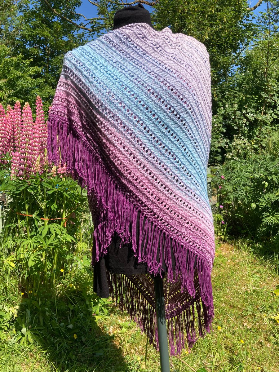 Hand knitted triangular fringed shawl wrap in ombre purple, pinks and blues