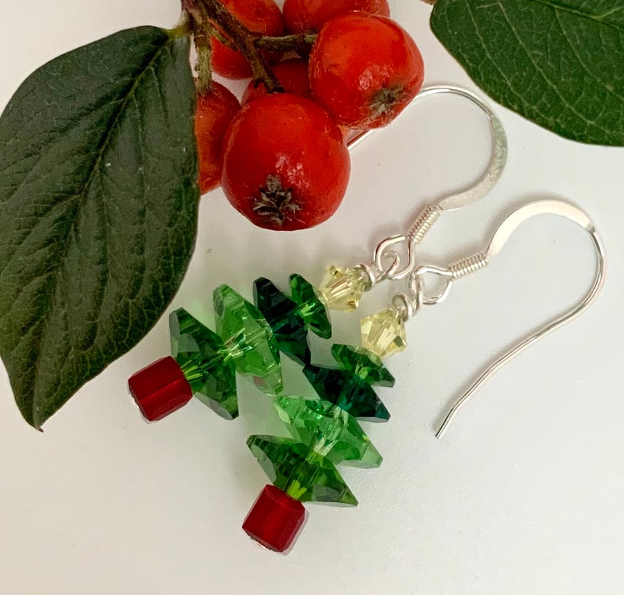 Christmas Tree Earrings - silver, green red drop earrings metalsmith. B F&W