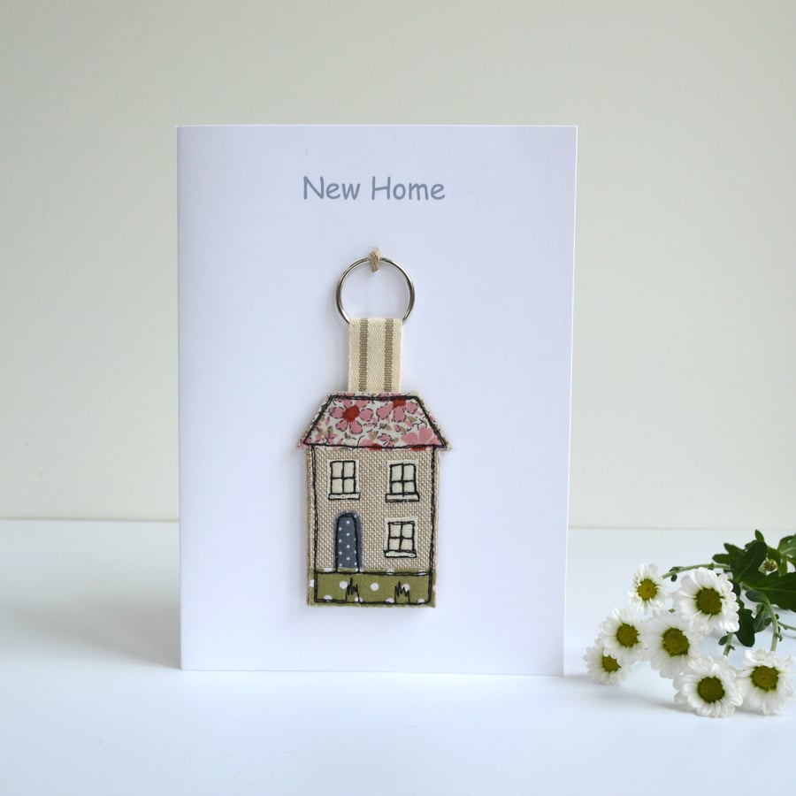 New Home Card with a fabric house shaped keyring, new home gift.