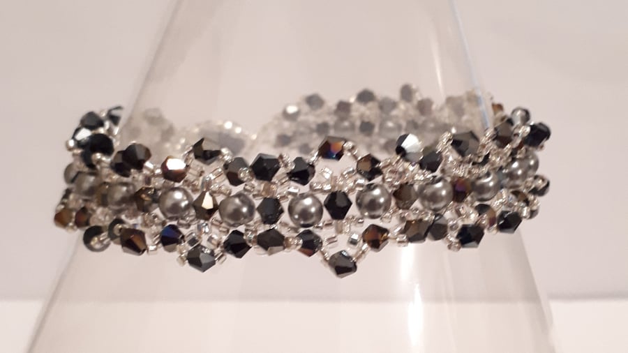 Black crystal and silver pearl bracelet