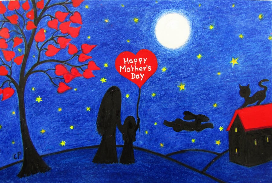 Mothers Day Card, Daughter Heart Moon Stars Art Card, Rabbit Cat Solhouette
