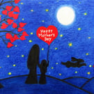 Mothers Day Card, Daughter Heart Moon Stars Art Card, Rabbit Cat Solhouette