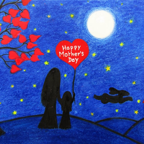 Mothers Day Card, Daughter Heart Moon Stars Art Card, Rabbit Cat Solhouette