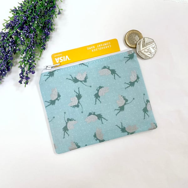 Coin Purse Card Wallet Fairy Fairies Fabric Blue and Silver