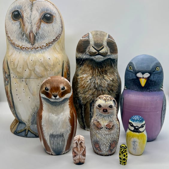 British Wildlife Barn Owl and other Animals Nesting Dolls