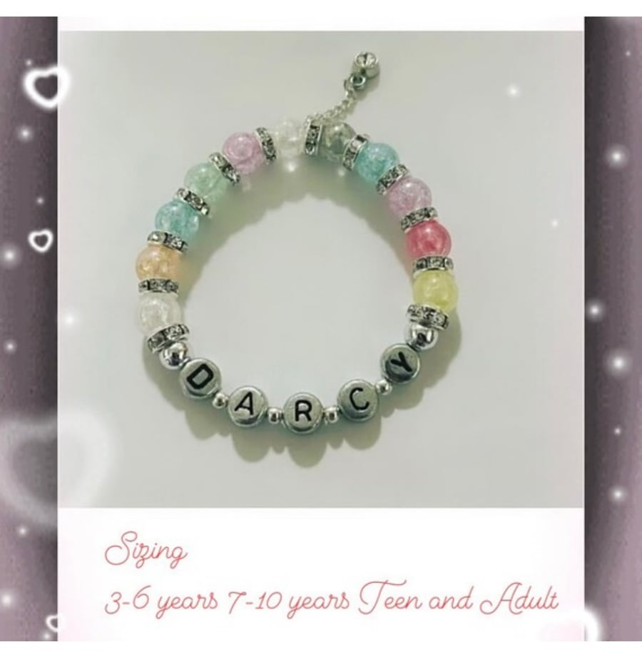 Multicoloured rhinestone spacer beaded personalised bracelet toddler adult kids 