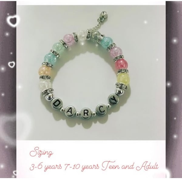 Multicoloured rhinestone spacer beaded personalised bracelet toddler adult kids 