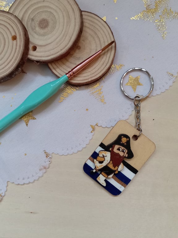 Wooden rectangular white jacket pirate keyring 