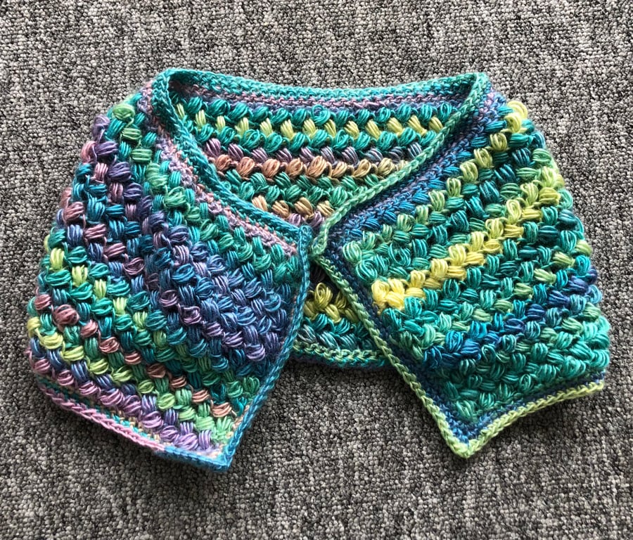Ladies crochet Short hop scotch scarf Boho spirit yarn multicoloured 