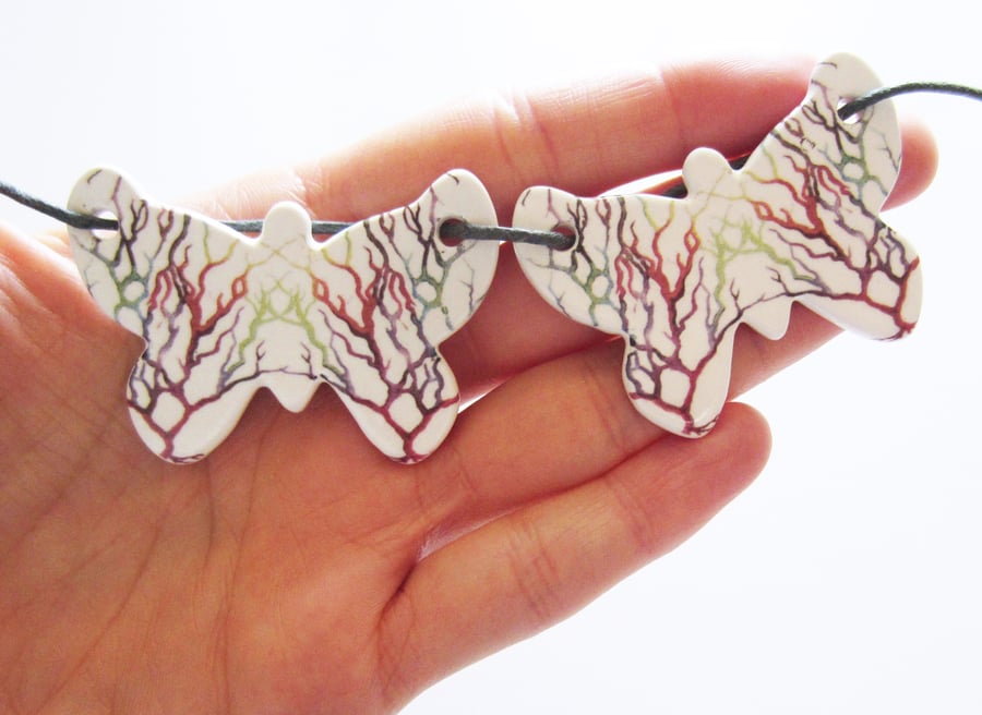 Multicolour Tree of Life Artwork Double Butterfly Ceramic Pendant Necklace