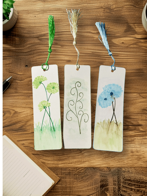 Book marks, unique hand painted watercolour, tassels, gift or card alternative 
