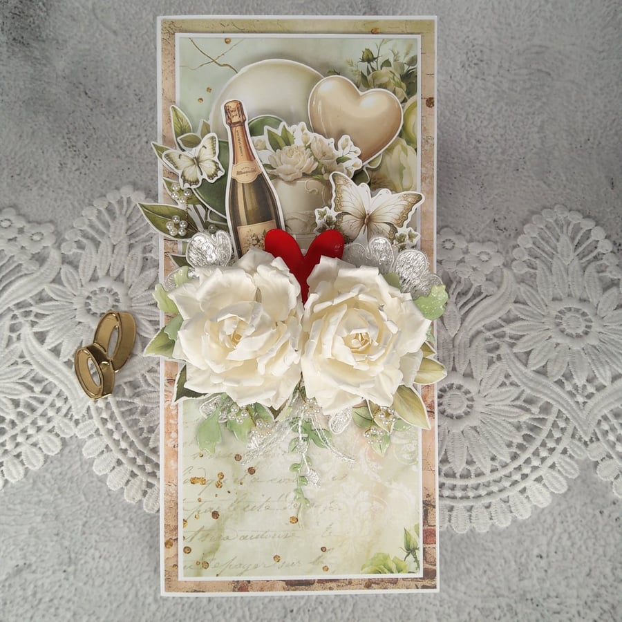 Luxury Handmade Wedding Card. Romantic 3D Wedding Card in Kraft Window Box(G)