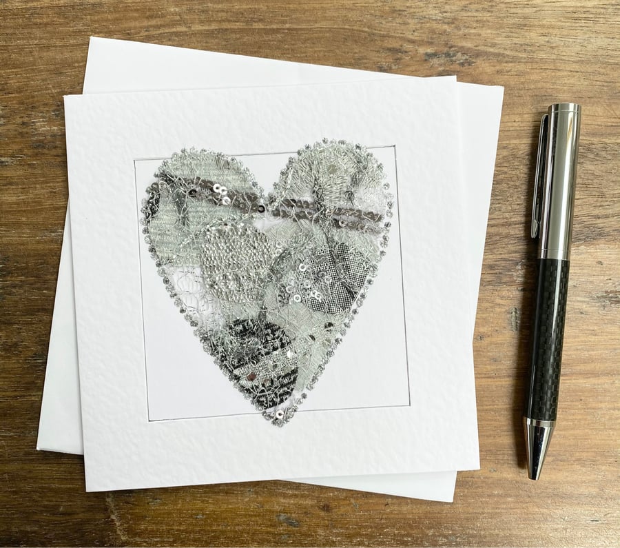 Up-cycled silver embroidered heart card. 