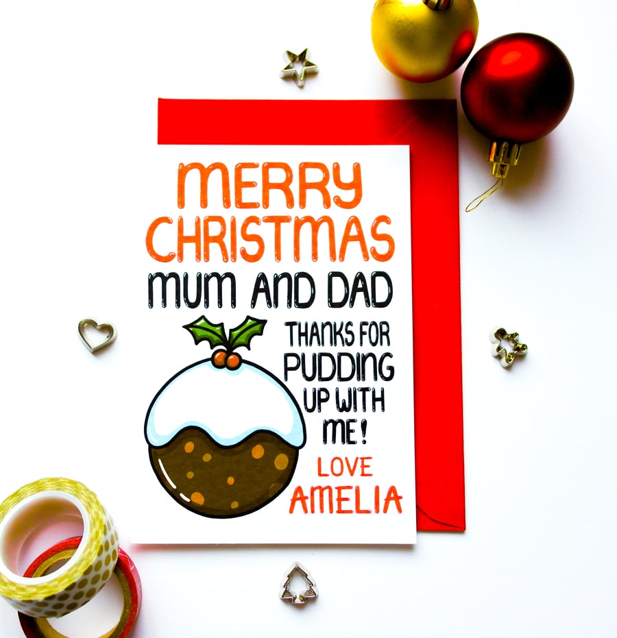 Personalised Funny Christmas Pudding Xmas Card For Mum And Dad