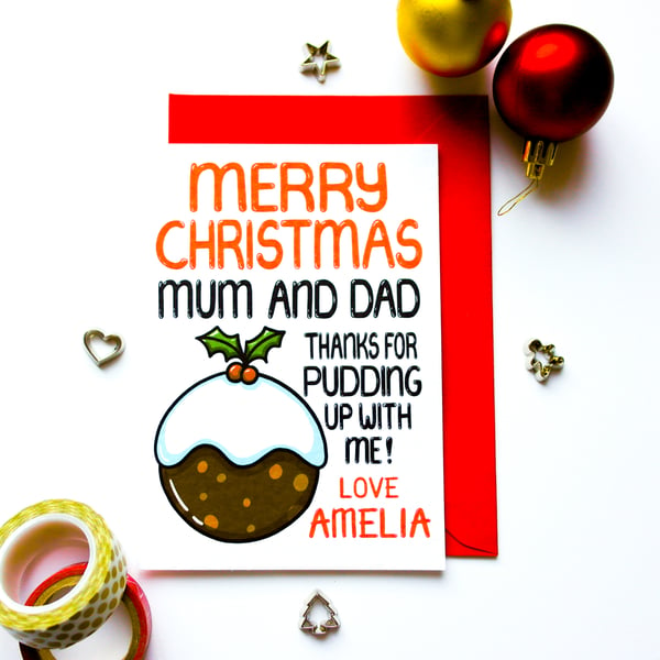 Personalised Funny Christmas Pudding Xmas Card For Mum And Dad