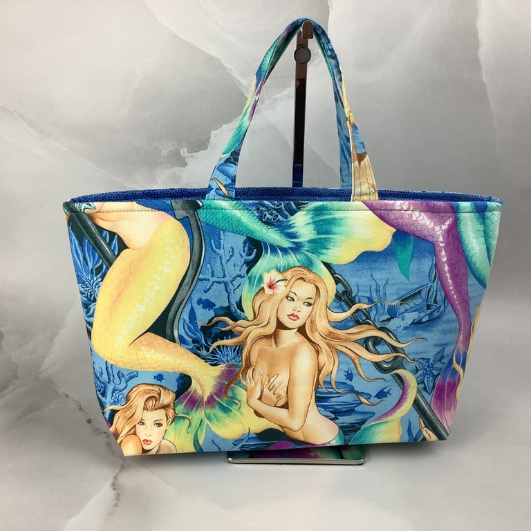 Mermaids tote bag, Retro shopper, handmade in Sussex