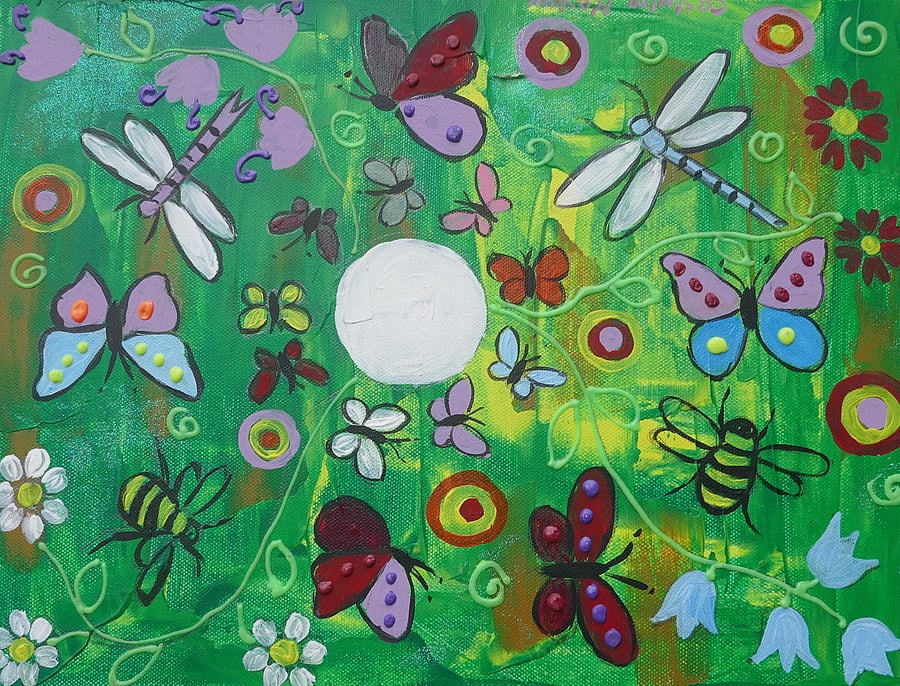   12" x 16" Quirky Floral  Painting with Butterflies 