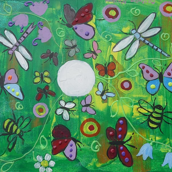   12" x 16" Quirky Floral  Painting with Butterflies 