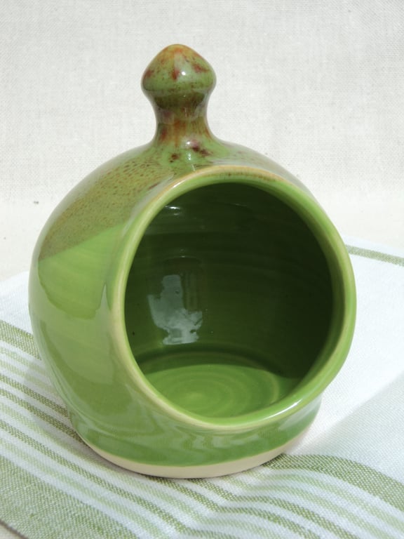 Medium Salt Pig, handthrown with a vibrant Green glaze and wooden scoop.