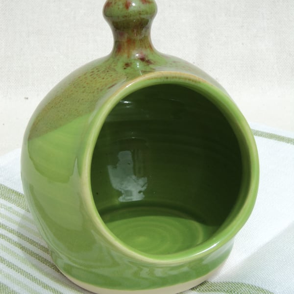 Medium Salt Pig, handthrown with a vibrant Green glaze and wooden scoop.
