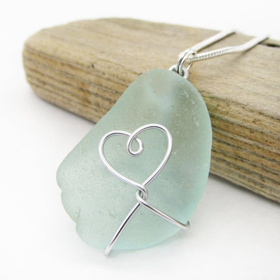 Sea Glass Pendant - Aqua Green - Scottish Silver Wire Wrapped Heart Jewellery