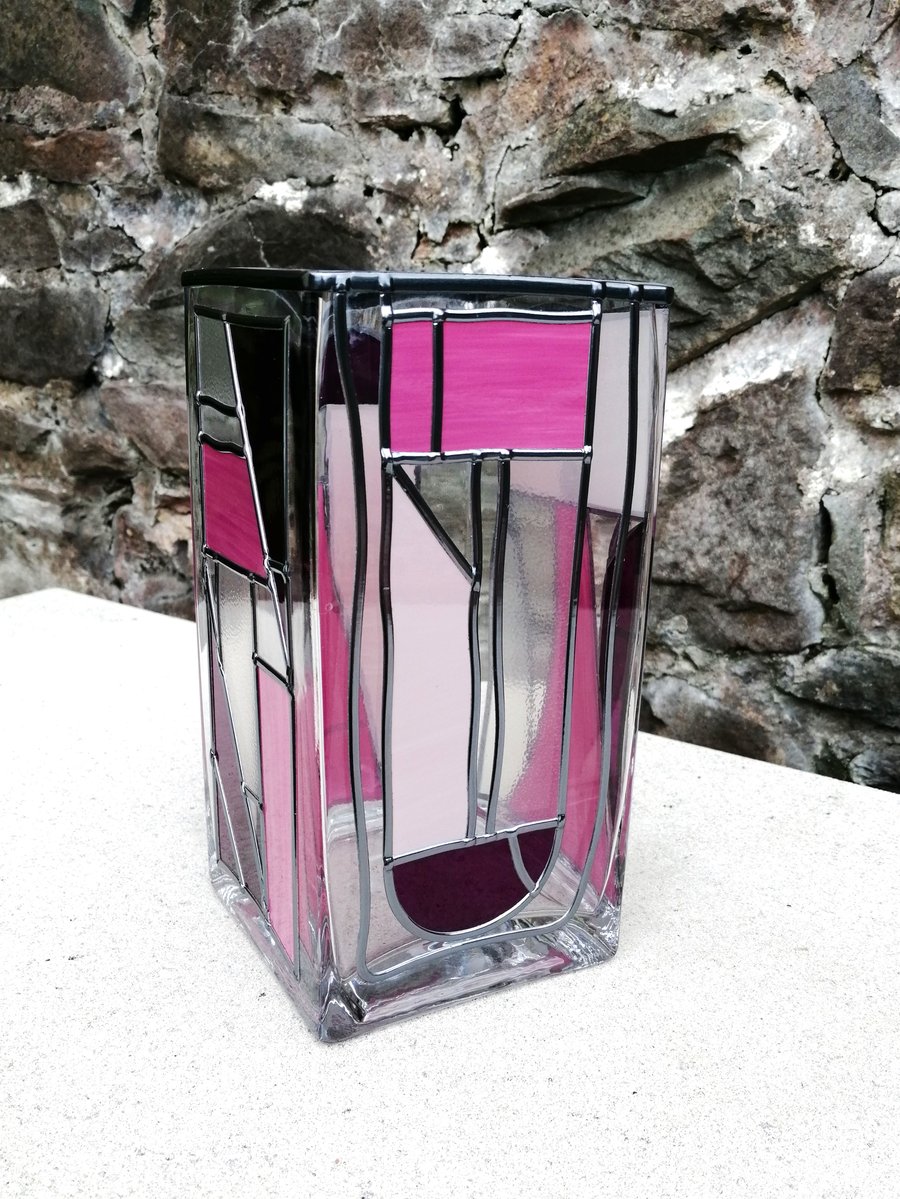 Fushsia Delight is a Stained Glass Effect Flower Vase Hand Leaded Art Deco Desig