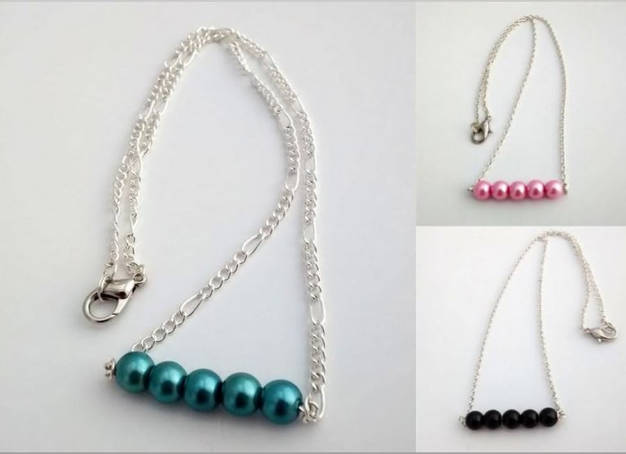 Pink, Teal or Black Glass Pearl Bar necklace
