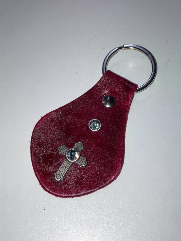 Red Leather Keyring with Catholic Cross Design & 2 greyish Gemstones