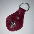 Red Leather Keyring with Catholic Cross Design & 2 greyish Gemstones