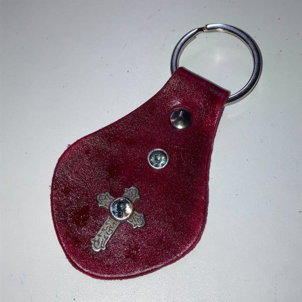 Red Leather Keyring with Catholic Cross Design & 2 greyish Gemstones