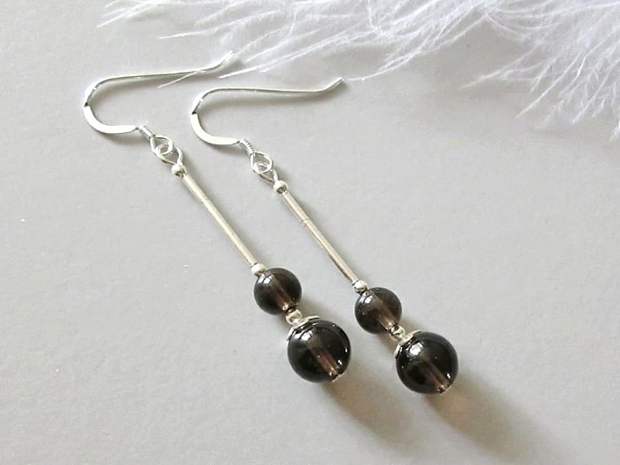 Natural Dark Brown Smokey Quartz Earrings With Sterling Silver Tubes