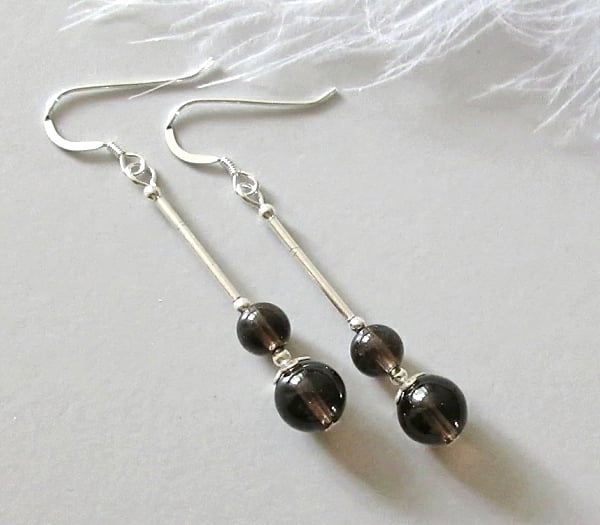 Natural Dark Brown Smokey Quartz Earrings With Sterling Silver Tubes