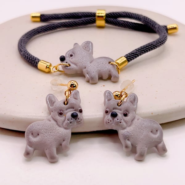 French Bulldog Jewellery Set, Earrings and Bracelet, Cute Gift for Dog Lovers