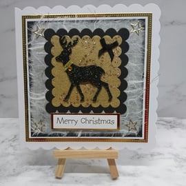 Christmas Card Glittered Elegant Reindeer Black and Gold v2 3D Luxury Handmade