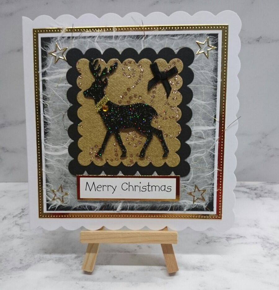 Christmas Card Glittered Elegant Reindeer Black and Gold v2 3D Luxury Handmade