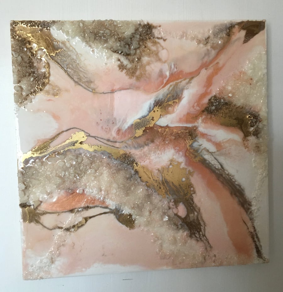 unique resin art painting, soft peachy pink, white, gold, crystals