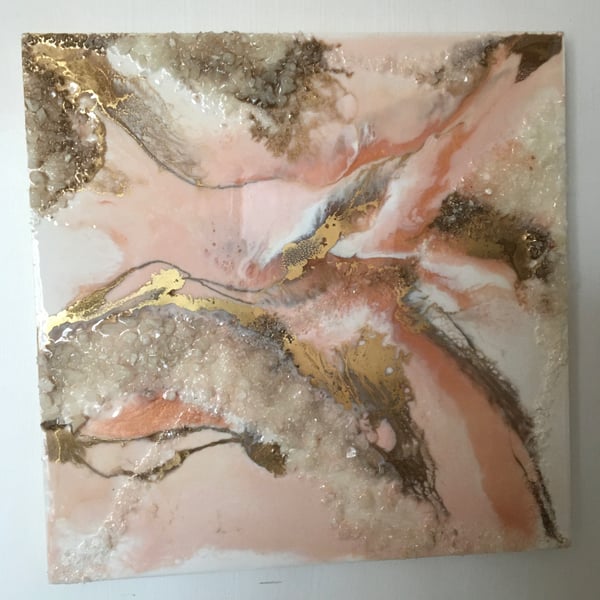 unique resin art painting, soft peachy pink, white, gold, crystals