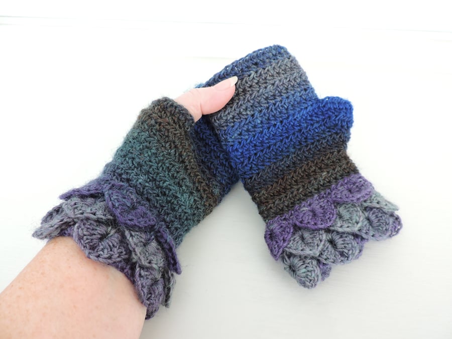 Fingerless Dragon Scale Cuffs Mitts  Sapphire Blue Sea Green Purple and Grey