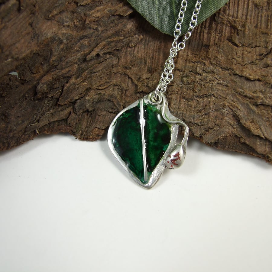 Leaf Pendant. Sterling Silver with Enamel Necklace