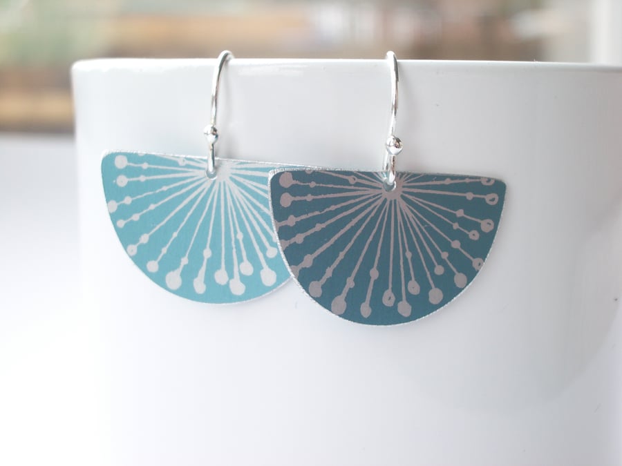 Fan earrings with seed head print in duck egg blue and silver