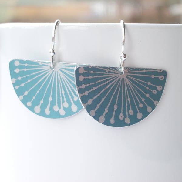 Fan earrings with seed head print in duck egg blue and silver