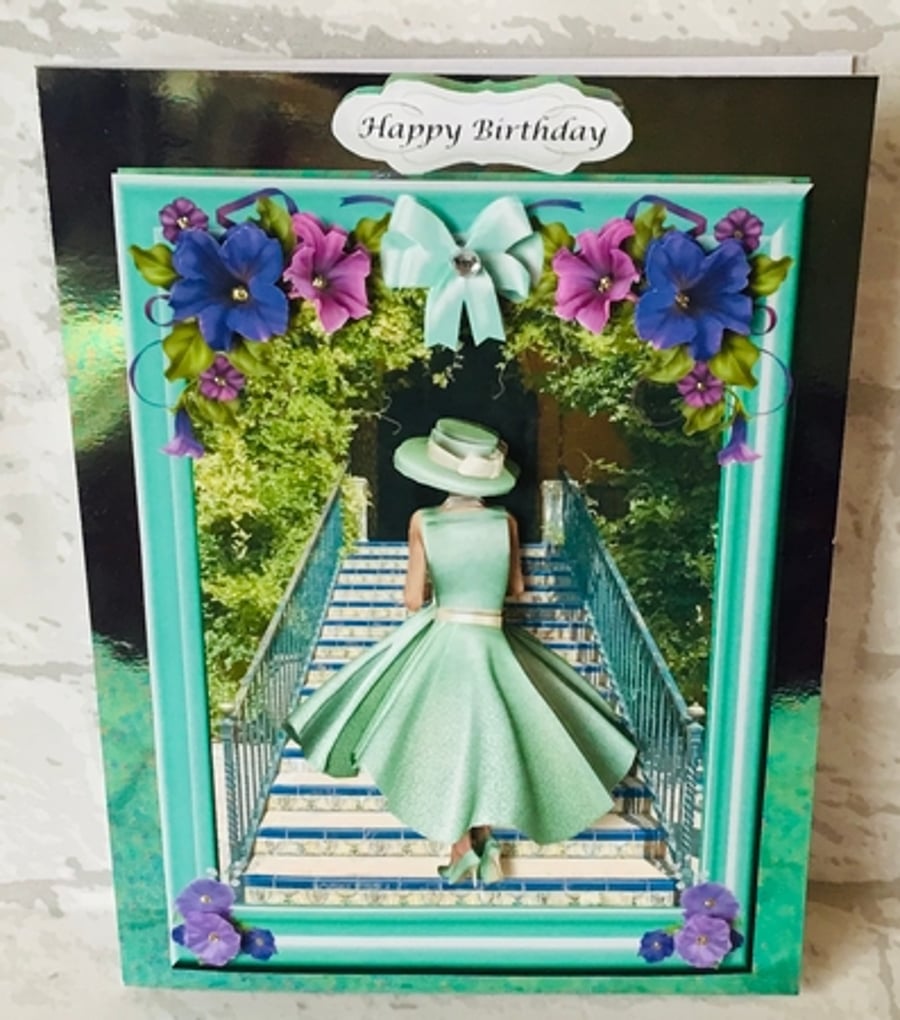 3D Lady in Mint Green dress on steps - birthday card