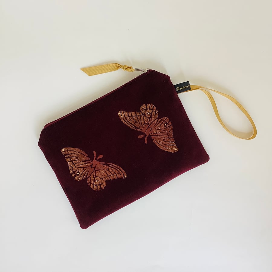 Wine Butterfly velvet zip-up pouch