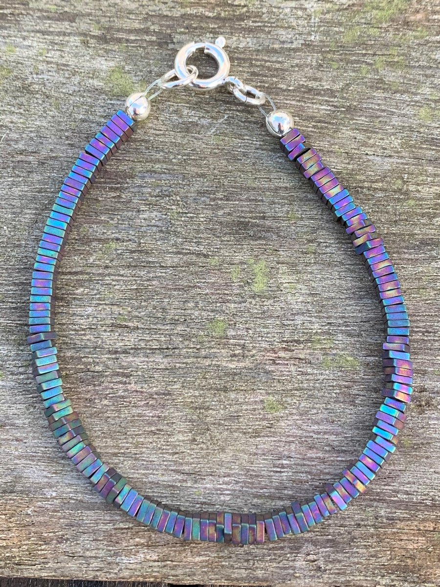 Semi precious flat square Hematite beaded bracelet